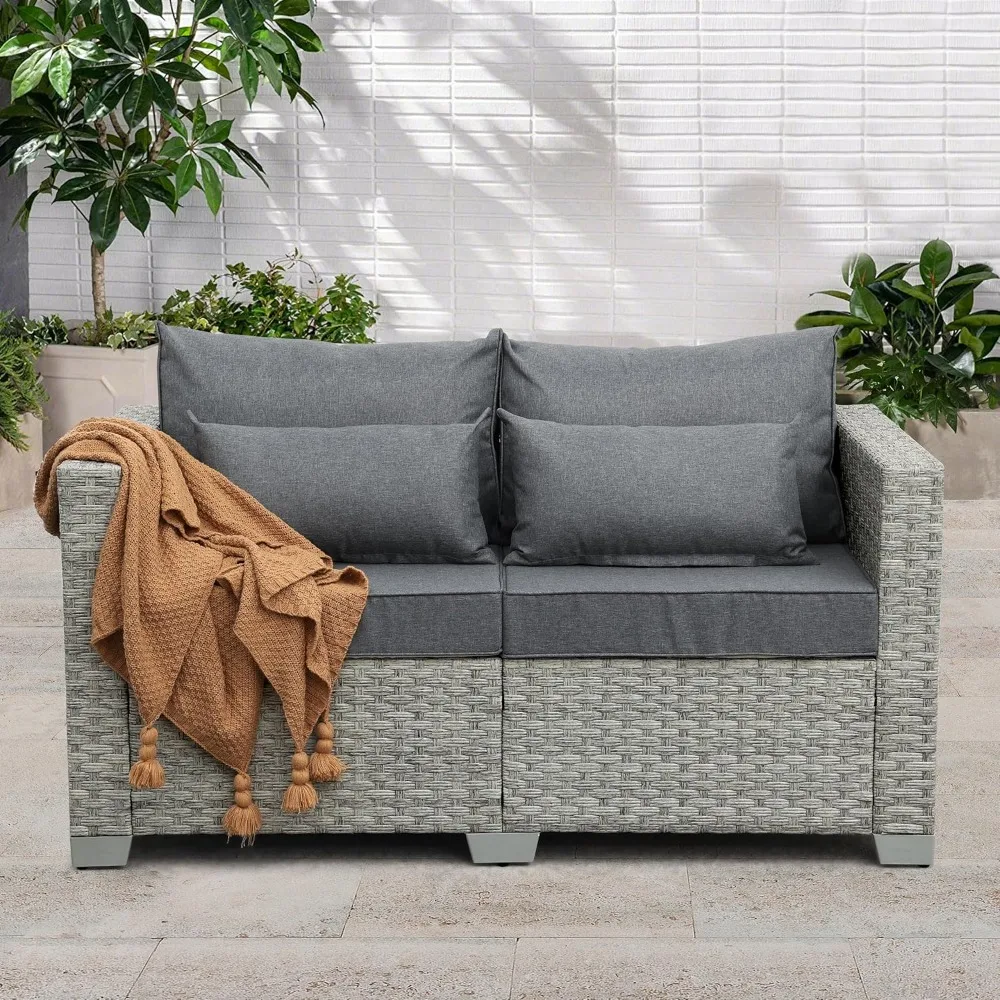 Patio Loveseat Outdoor Wicker Small Couch PE Rattan 2-Seater Furniture Sofa, Deep Patio Seating with Grey Cushion