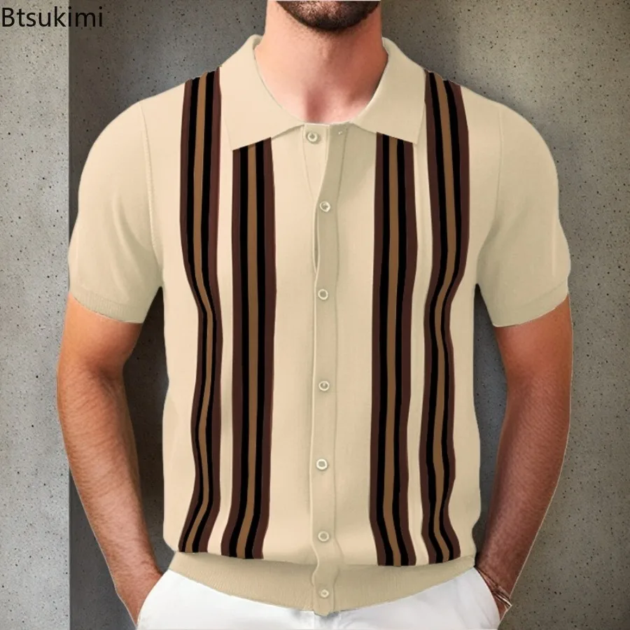 2025 Spring Summer Men's Short Sleeve Polo Shirt Knitted Slim Business Cardigan Shirt Streetwear Casual Tops Camisa Masculina - Image 3