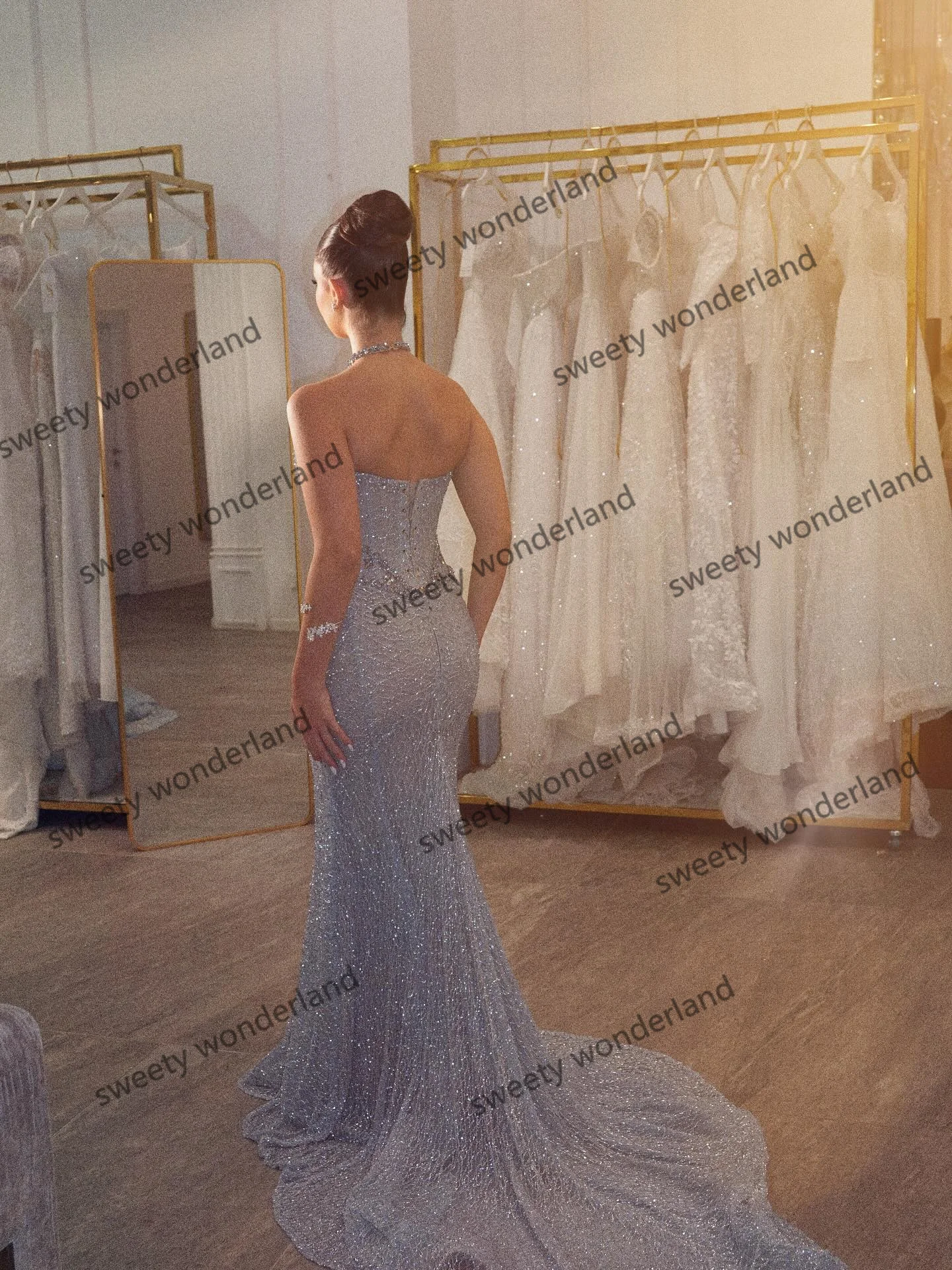 فساتين سهرة حورية البحر فضية بدون حمالات فستان حفلة موسيقية كريستالي فاخر لحفلات الزفاف فساتين رسمية مخصصة