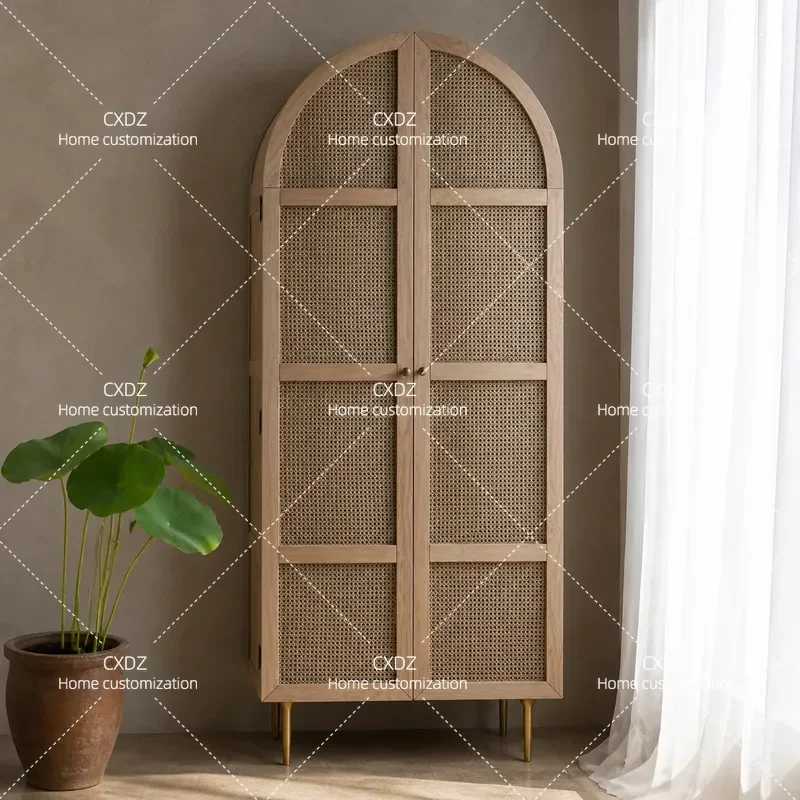 Modern Simple Rattan Double Door Wardrobe Solid Wood Storage Cabinet for Bedroom Home Nordic Style Locker