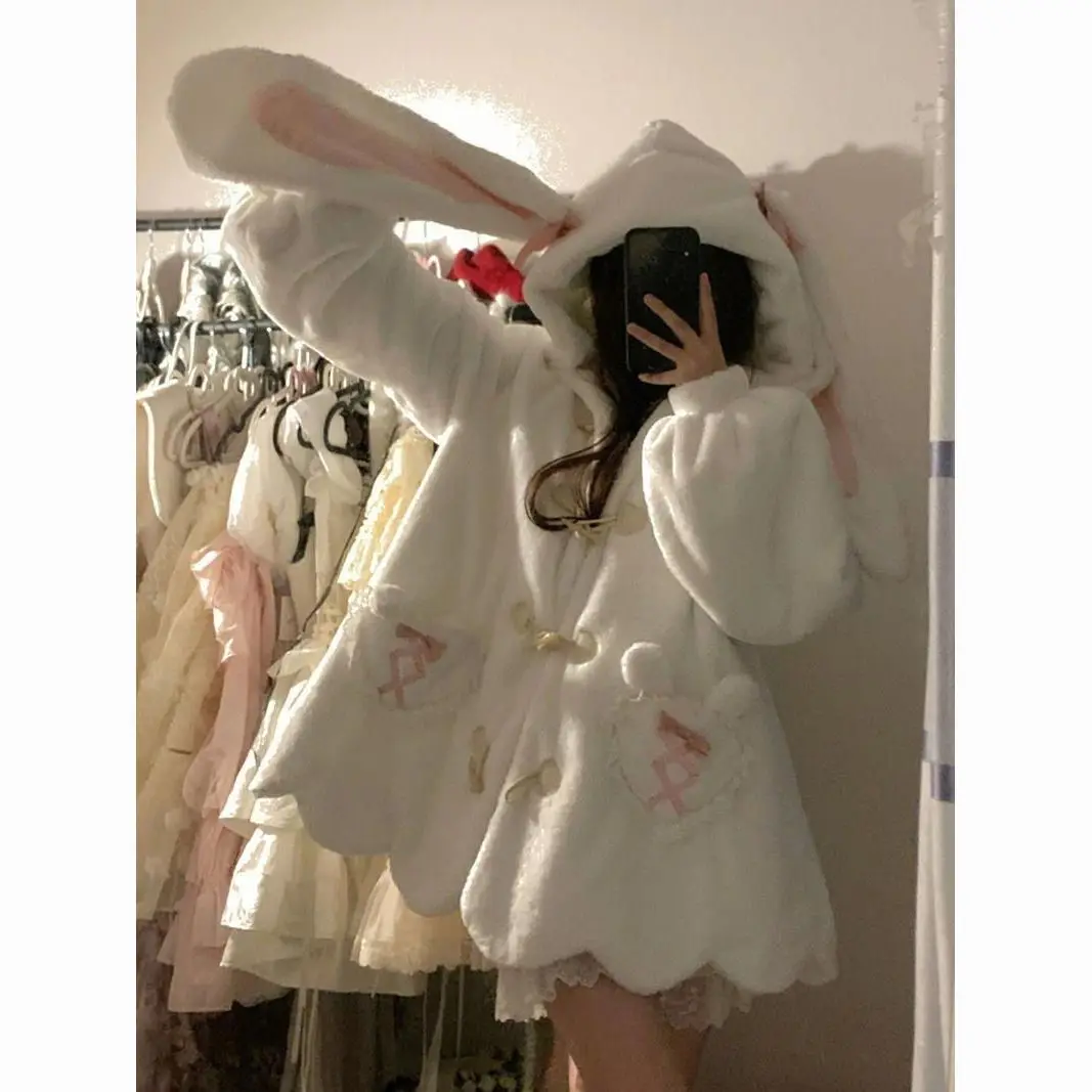 Dairy Cute Rabbit Ear Lamb Fleece Sweatshirt Coat for Women 2023 Winter Plush Thickened Plush Cotton Hooded Coat Women Clothing