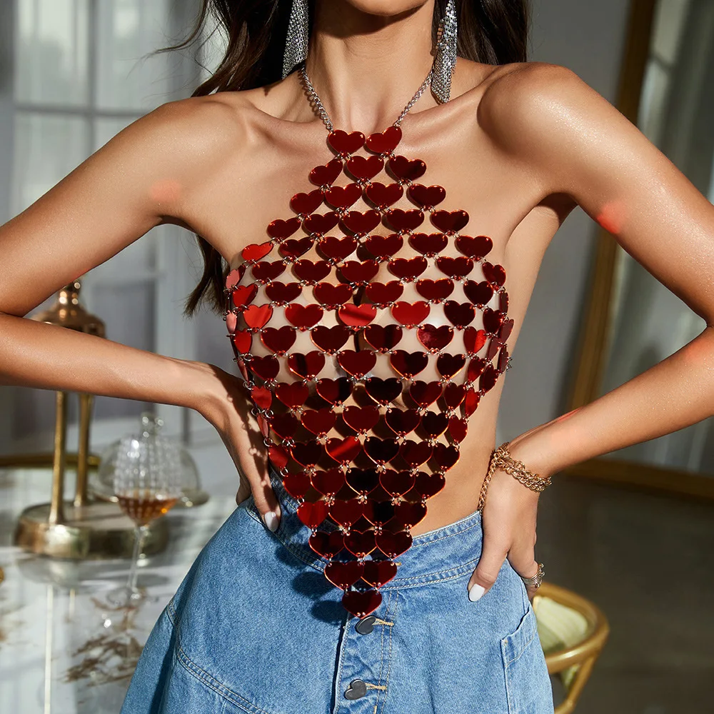 2025 Heart Acrylic Beading Tops Vest Bra Chain Backless Halter Camis Night Clubwear Sexy Summer Dance Party Breast Body Chains