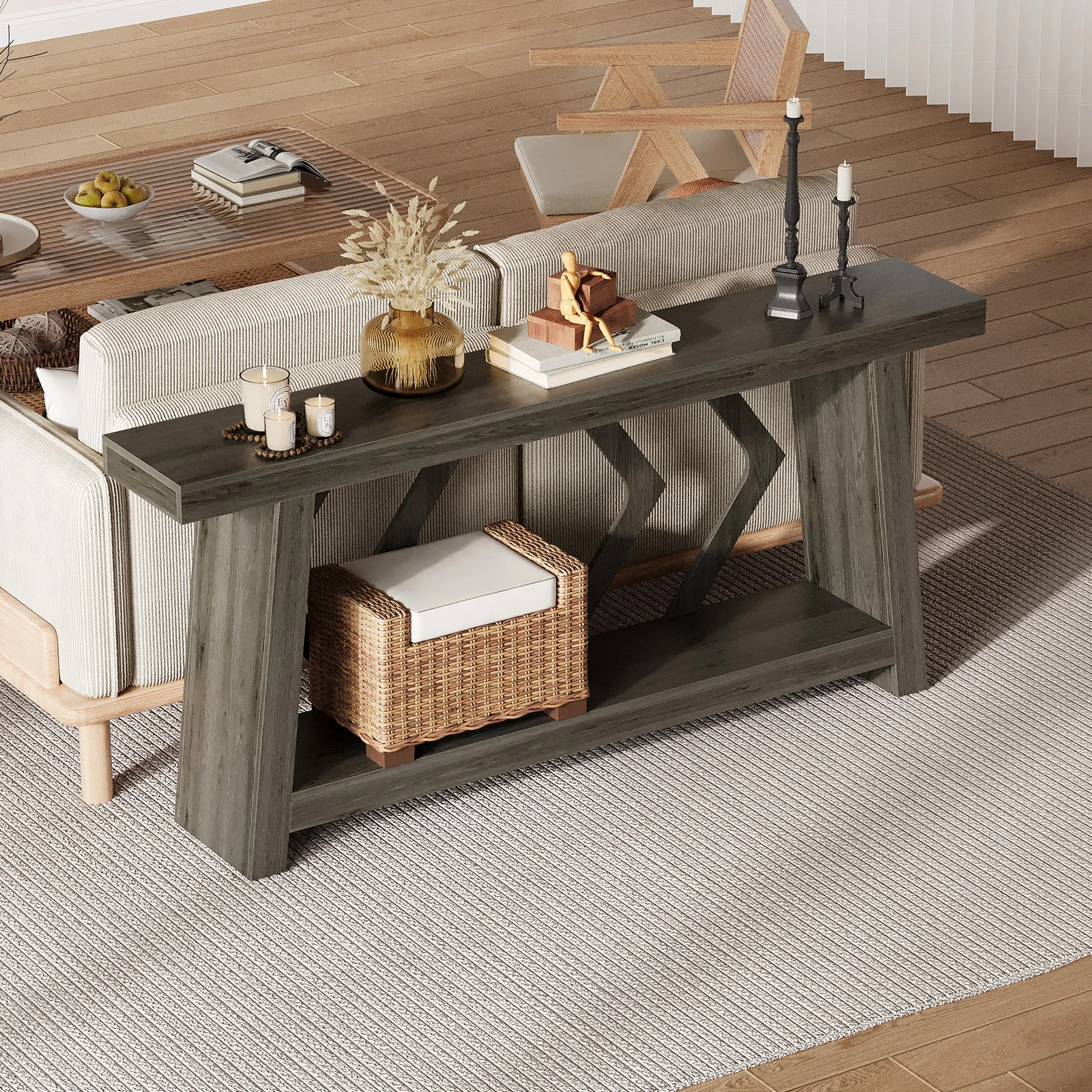Farmhouse 2 Tier Console Table, Rustic Wooden Entryway Sofa Table with Frame Geometric Legs, Long Hallway Display Table for Living Room Foyer
