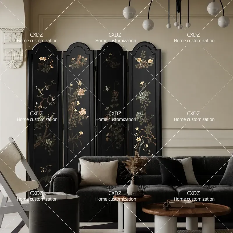 Black Retro Folding Screen Room Divider for Living Room Entrance Restaurant Tea Room Mobile Partition Feng Shui Decor