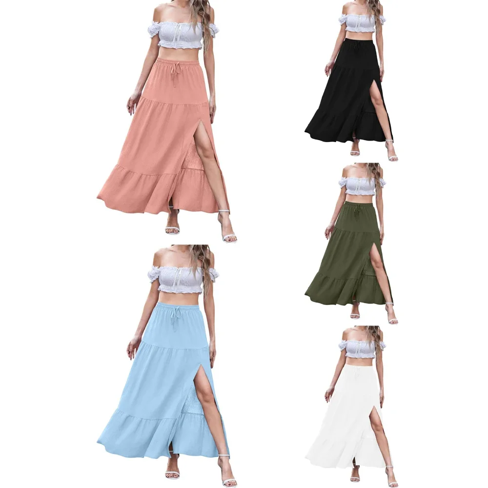 5 Colors Women's Elegant Loose Asymmetrical Skirts Summer High Elastic Waist Drawstring Side Split Party Vestidos RZYP-XY000328