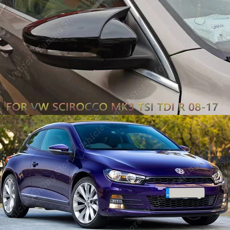 For Volkswagen Scirocco MK3 2pcs Gloss Black Car Rear View Mirror Cover Caps Trim Shell Frame Scirocco 3TH TSI TDI R 2010-2017