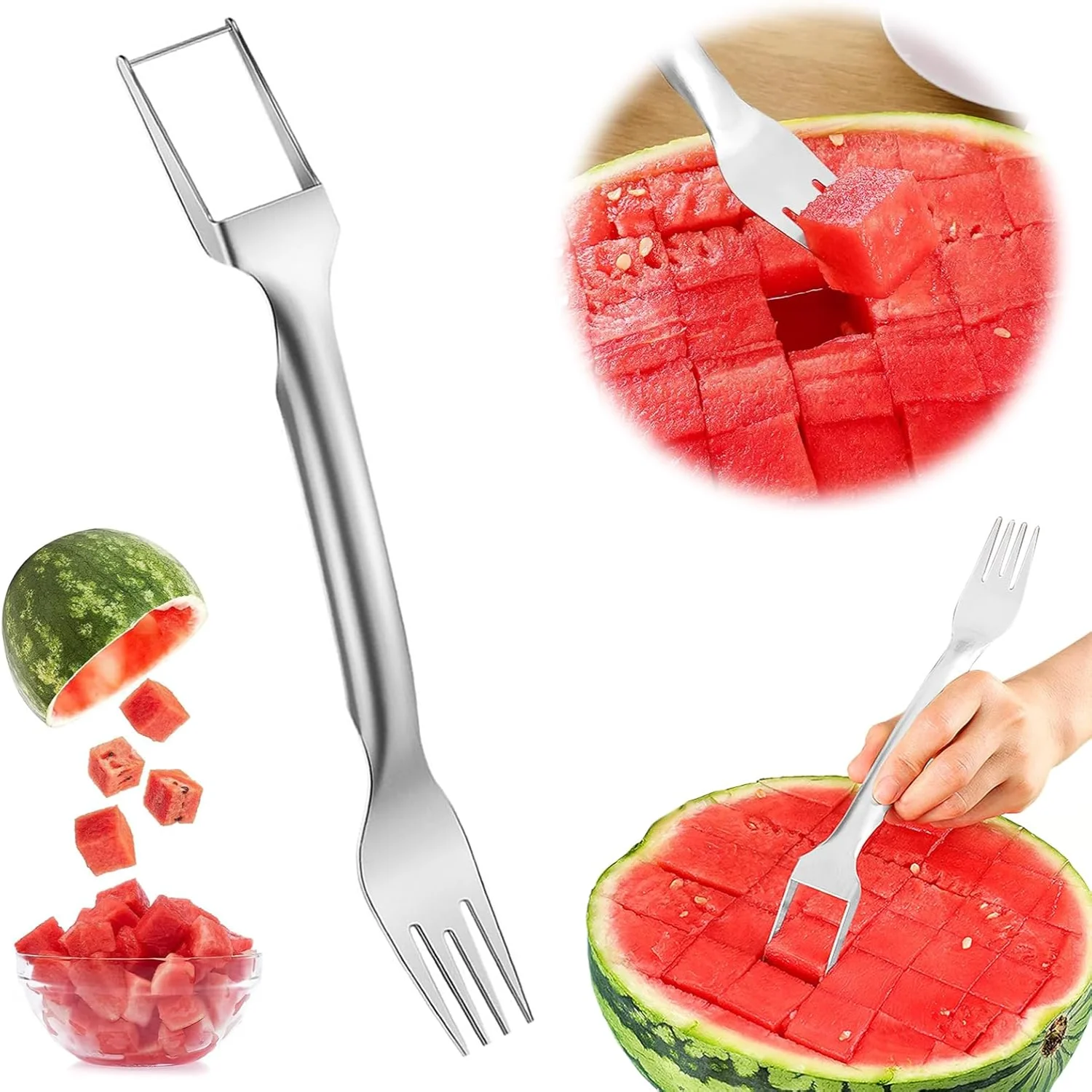 Watermelon  Slicer Fruit Tool - 2-in-1 Stainless Steel Watermelon Cube , Melon Fork Slicer, Dual Head Watermelon Cuber Cutting T