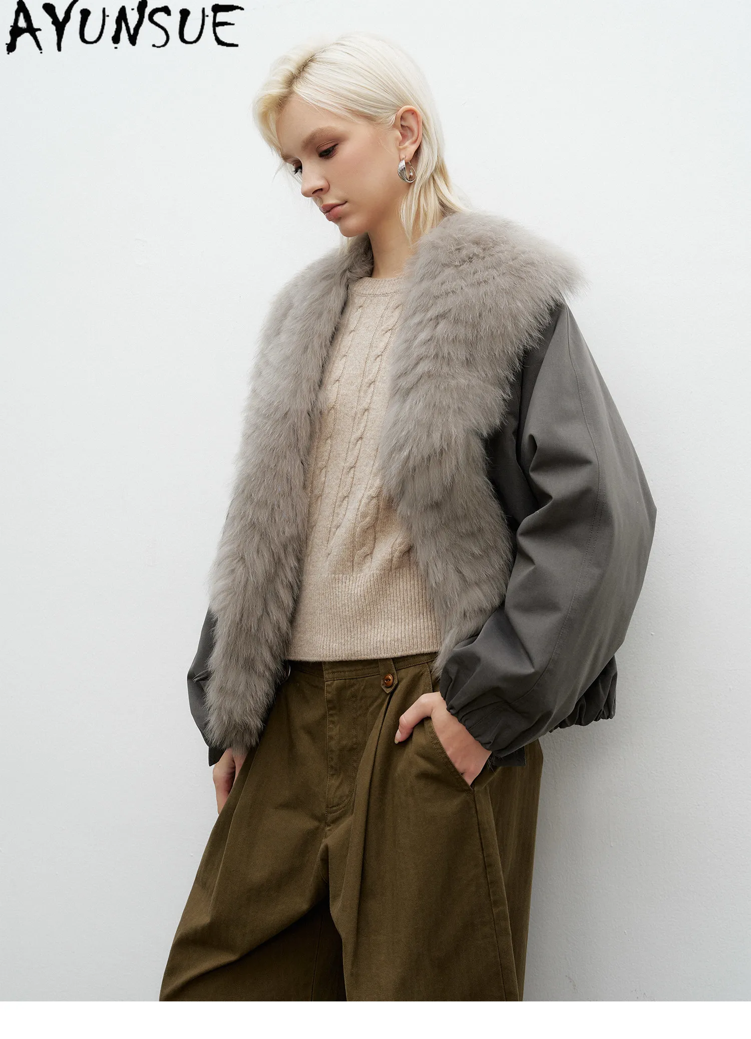 AYUNSUE White Goose Down Women Warm Winter Clothing Real Fox Fur Collar Down Jacket Loose Fit Fashion Short 2026 Пальто Женское