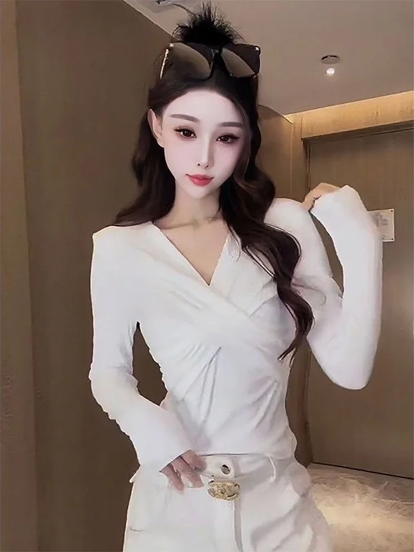 

Женская модная футболка с V-образным вырезом и перекрестным дизайном, с длинным рукавом, универсальный топ для похудения, французский стиль, деловой повседневный, однотонный