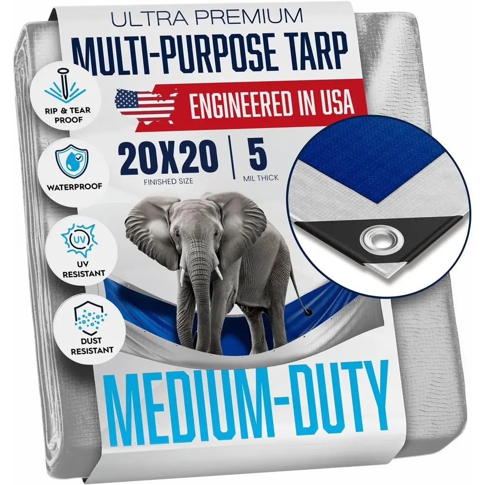 

20x20 Heavy-Duty Waterproof Tarp with Grommets - 5 Mil Thick, Reversible Blue & Silver, Multipurpose Outdoor Cover