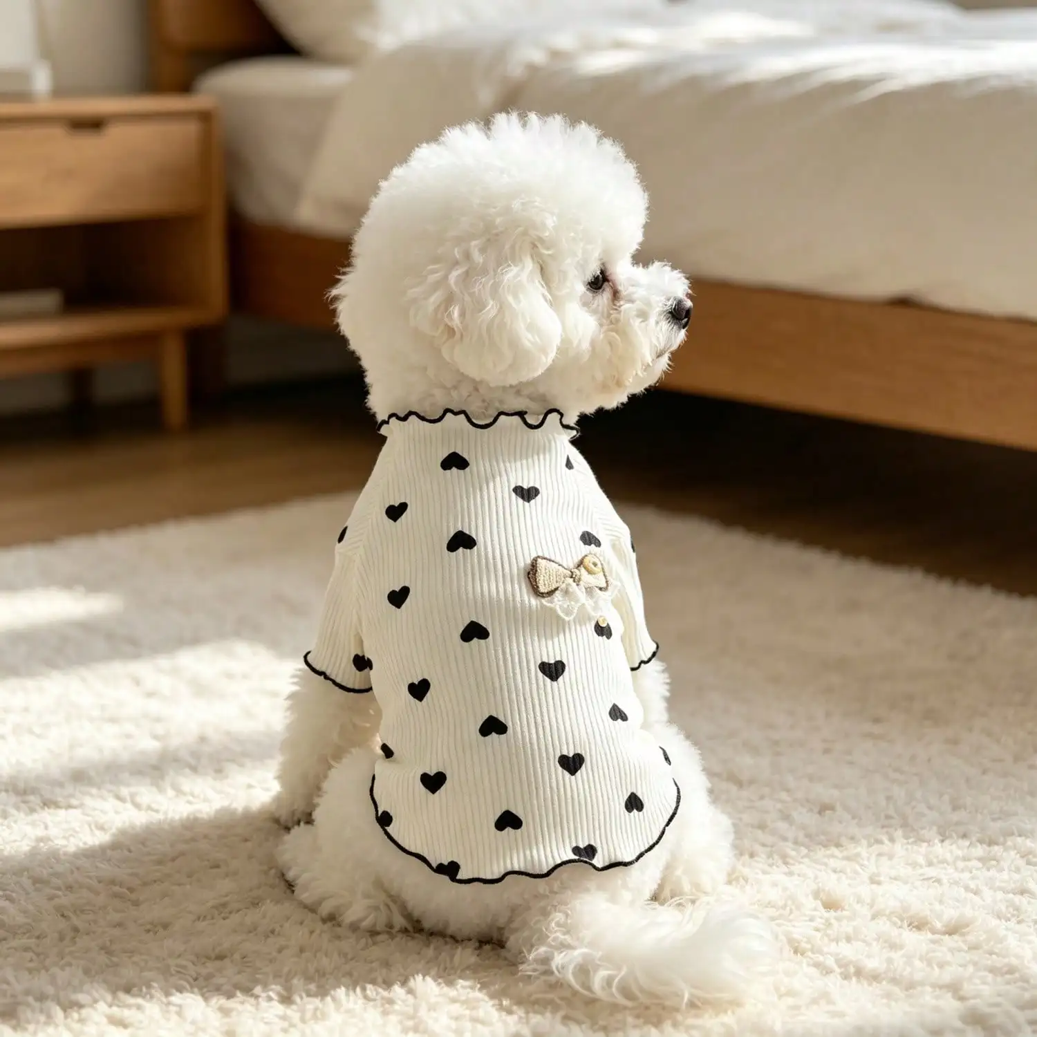 1 Stück geripptes Oberteil mit Herzmuster für kleine Hunde mit Spitzenschleife, lässiges Haustier-Shirt – Detail 16