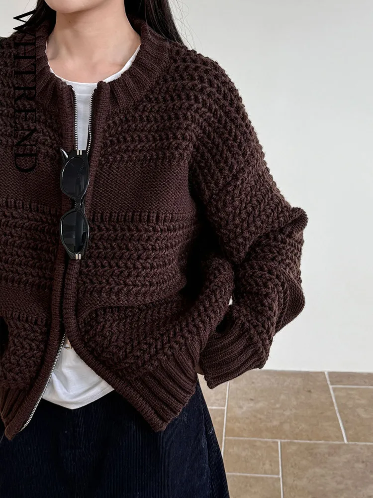 

WHTREND толстый вязаный свитер в корейском стиле для женщин, осень-зима, кардиган с двойной молнией и круглым вырезом WH2174