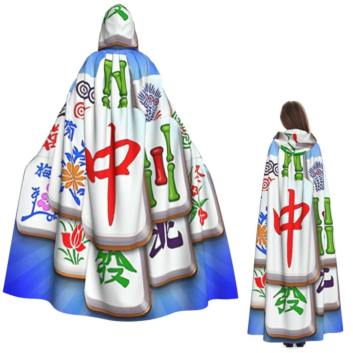 Mahjong Piastrella Modello Mantello lungo con cappuccio Strega Costume medievale Mantello cosplay Cappotto di Halloween Adulto unisex