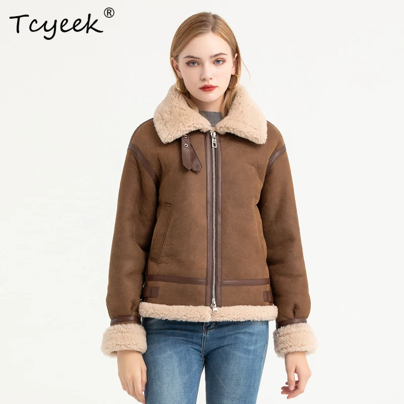 Tcyeek Genuine Sheepskin Autumn Winter High End Trendy Short Square Collar Women's Wool Shearing Fur Coat Fourrures Femme