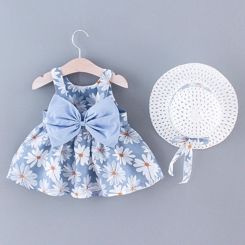 Summer New Baby Girl Fashion Dress Small Chrysanthemum Hanging Strap Big Bow Princess Dress Party Dress