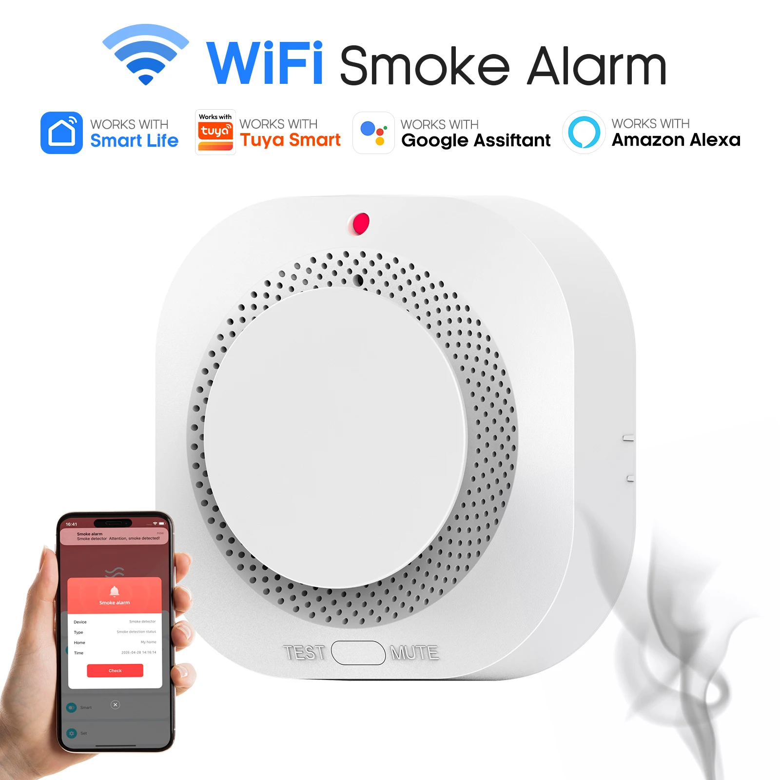 Rilevatore di Fumo Fotoelettrico WiFi Tuya 360 °   Sensore di Fumo Smart Life per la Sicurezza Domestica
