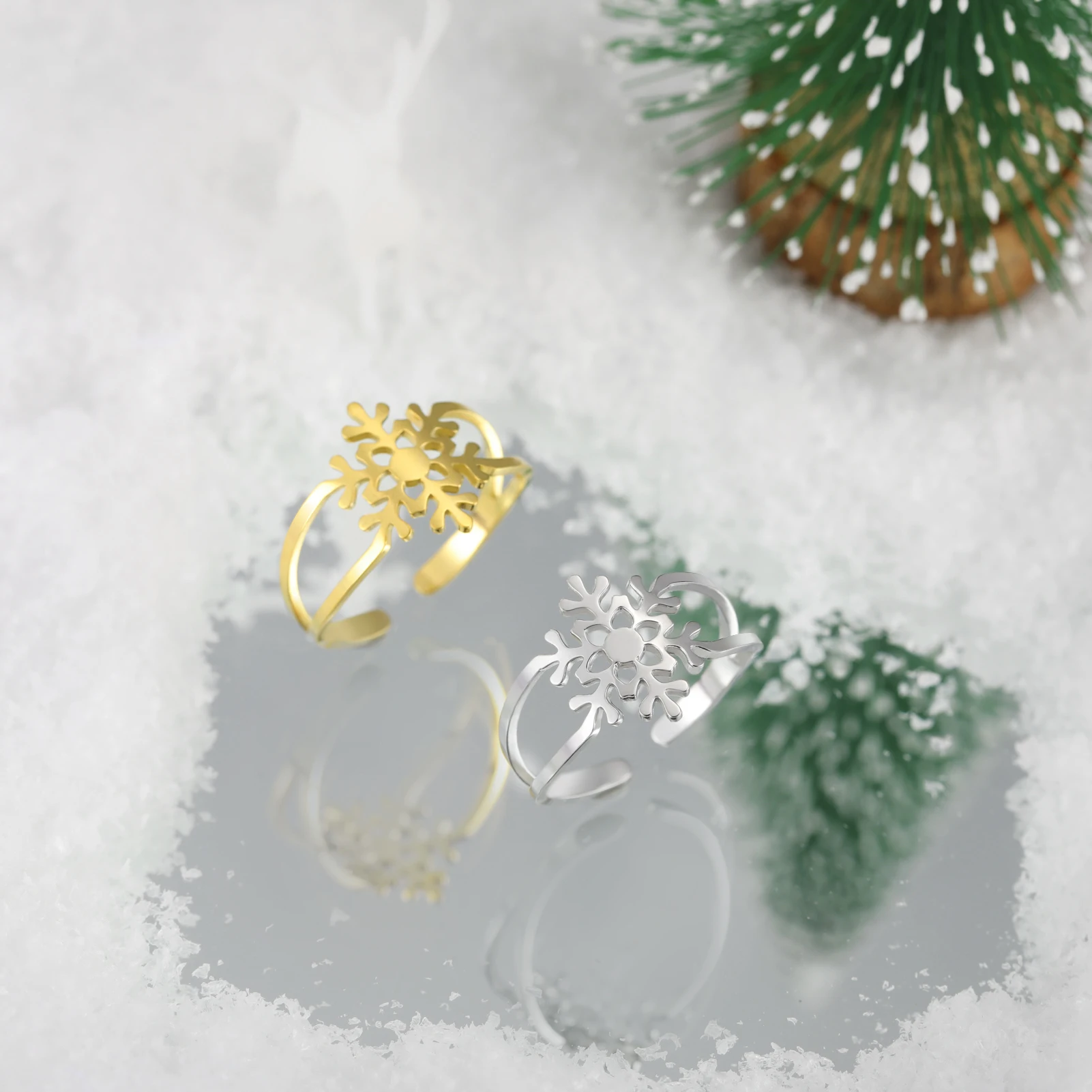 الشتاء أزياء ندفة الثلج الدائري الفولاذ المقاوم للصدأ قابل للتعديل الجمالية المرأة خاتم رائعة السنة الجديدة مجوهرات زوجين هدية عيد الميلاد #5