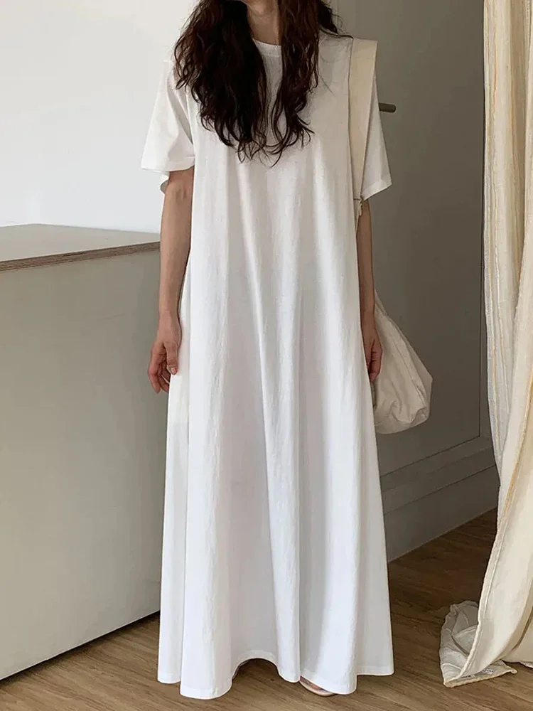 Fashion Temperament Short Sleeved Dress Women's Summer French Simple Loose Casual Lady Solid Color T-shirt Dress Long Dress