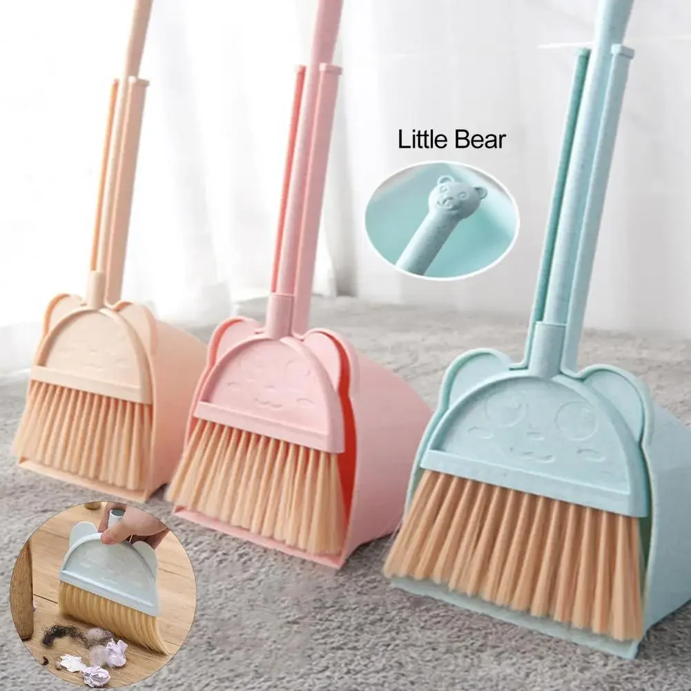 1 Set Mini Children Broom Dustpan Cartoon Flexible Bristles  Pretend Play Toddlers Indoor Outdoor Floor Sweeping Tool Kit