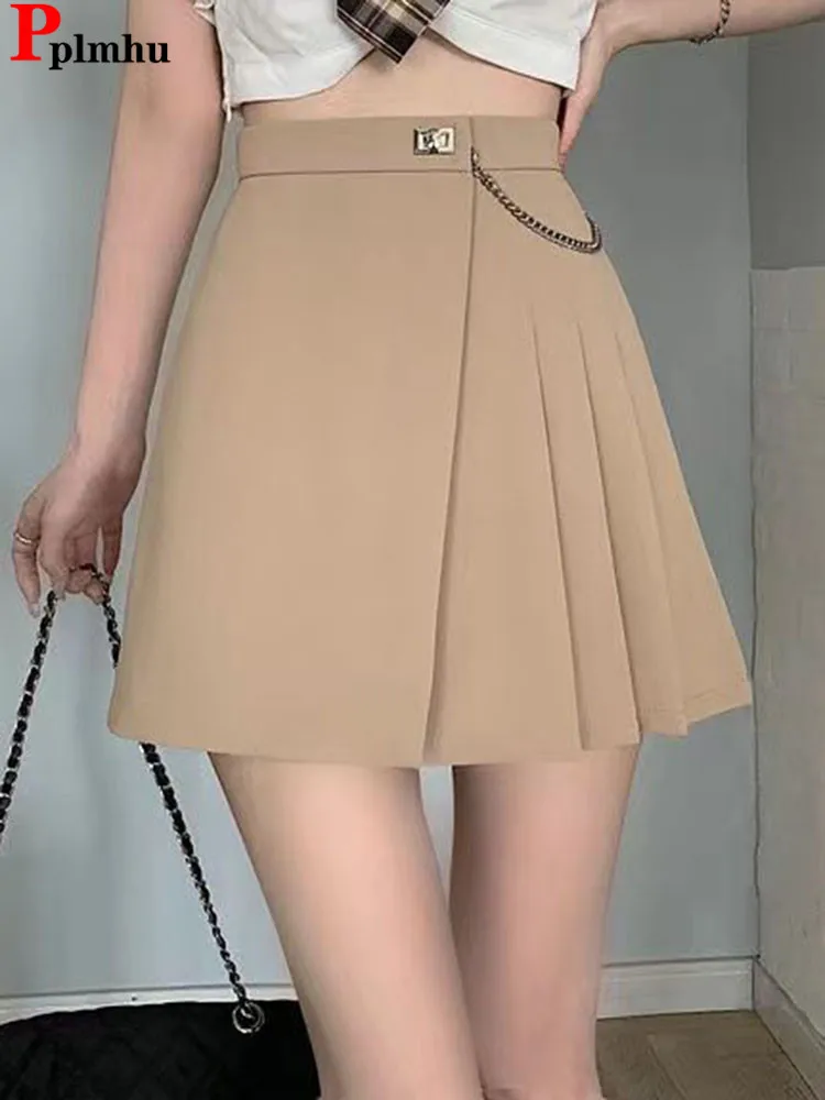 

Pleated Design High Waist Skirt Women Casual Solid Chic A-lined Saia Korean Fashion Summer Khaki New Wrap Buttocks Falda 2024