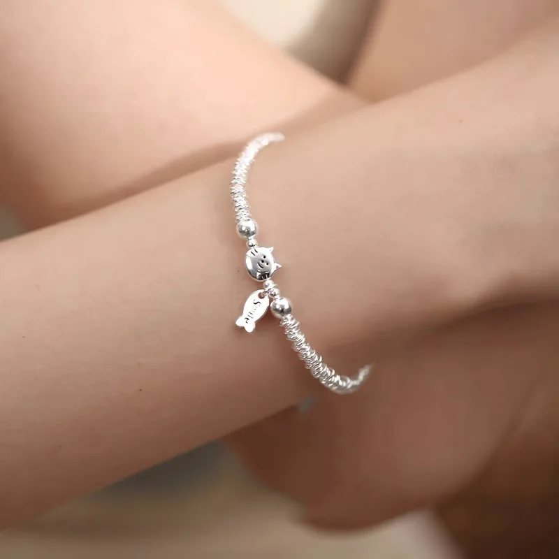 Sam Panda 925 Sterling Silver Chip Silver Cat Bracelet For Women Gift Fish Pendant Sweet Cute Jewelry Dropshipping Wholesale
