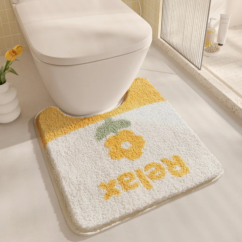 Yellow Flower Bath Mat Set Thick Flocking Microfiber Bathroom Carpet Toilet Foot Mat Non-slip Water Absorbent Rug Doormat