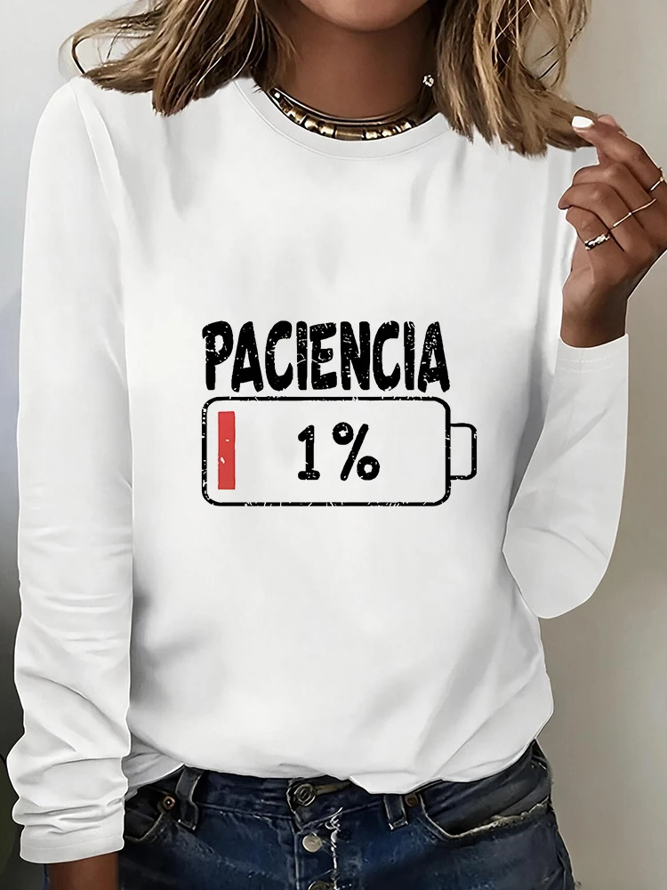 Women's Vibrant Spanish 1% Battery Print Vintage T-shirt with Letter Paciencia Casual Crew Neck Long Sleeve T Shirt Clothes Tops