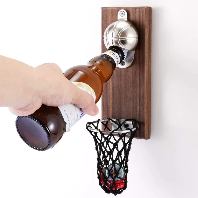 

Customizable Magnetic Basketball Bottle Opener Wooden Wall-mounted Beer Bottle Opener with Cap Catcher Ideal Gift forBasketballa
