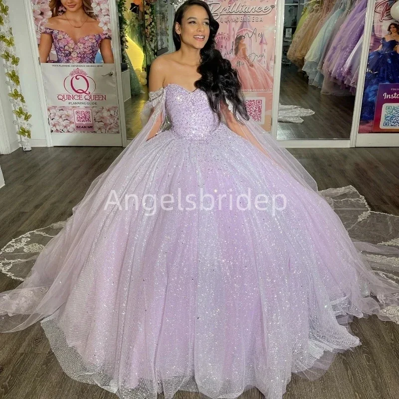 

Angelsbridep Sparkly Tulle Beading Pink Cape Ball Gown Quinceanera Dresses 2025 Brithday Prom Party Vestidos De Fiesta