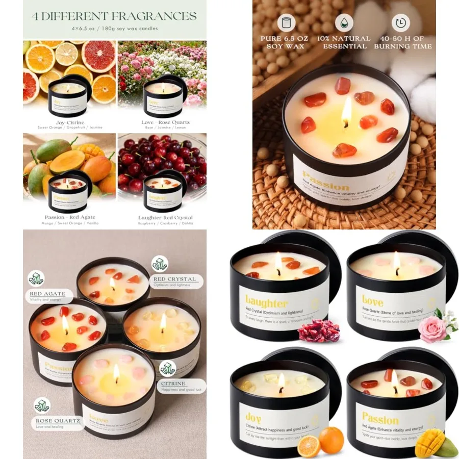 

Crystal Energy Candles Set for Women - 4 Pack 26 oz Soy Wax Candles for Home Scented 200 Hour Long Lasting Candle Laughter Red