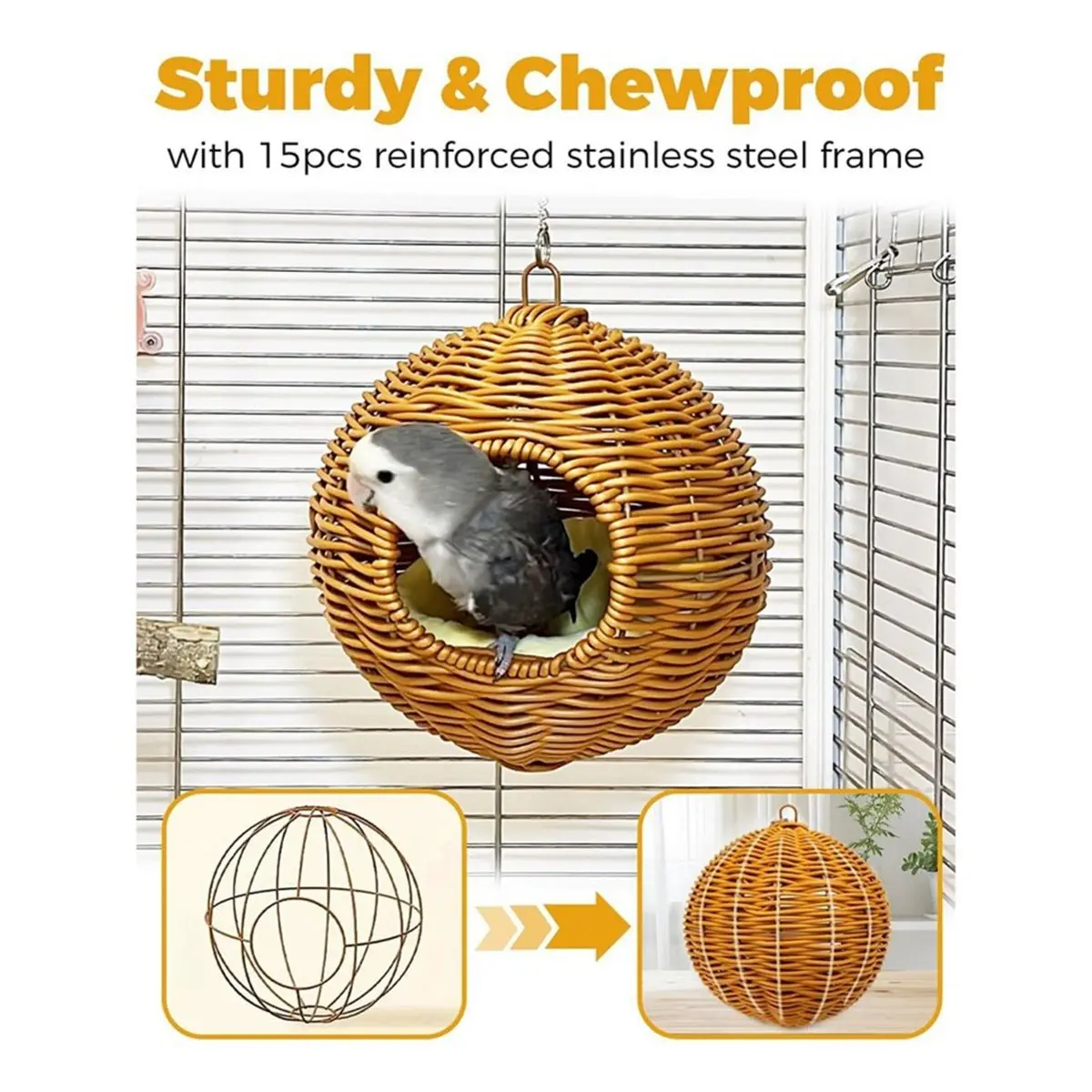 PROMOTION~ Chewproof Steel Frame Bird Nest for Cage, Washable Small Bird Bed Hammock Hideout Lay Eggs Parakeet Nest Sleep