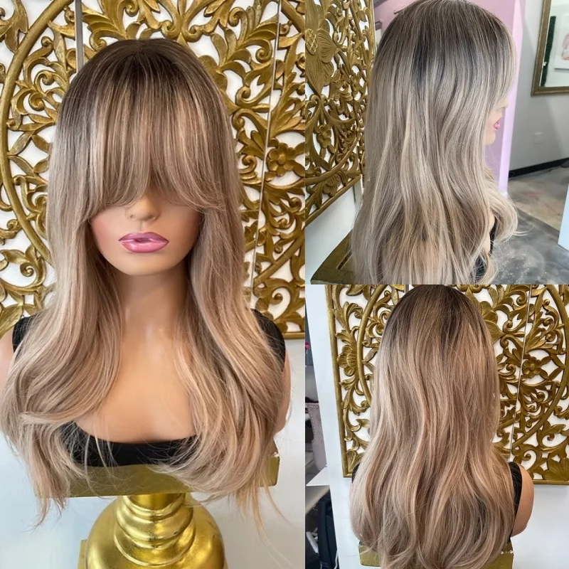 Ombre Blonde Brown Synthetic HD Lace Front Wig with Bangs Heat Resistant Fiber Small Large Size Cap Party Daily Cosplay Wig 18''