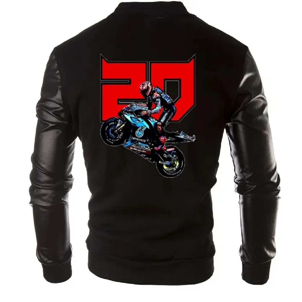 

Men's Baseball Coats Patchwork PU Sleeve Stand Collar Jackets Fabio Quartararo Motorcycle Rider Racing Outerwear Sportswear