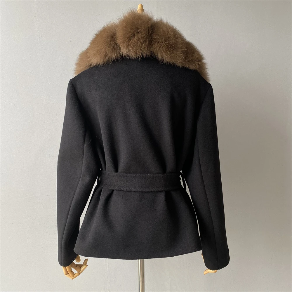 Jxwatcher Naturalny Kołnierz z Futra Wełniany Płaszcz Damski Zimowy Płaszcze Damskie Pasek Wyszczuplająca Wełniana Kurtka Moda 2025 Jesień Nowość Odzież Wierzchnia