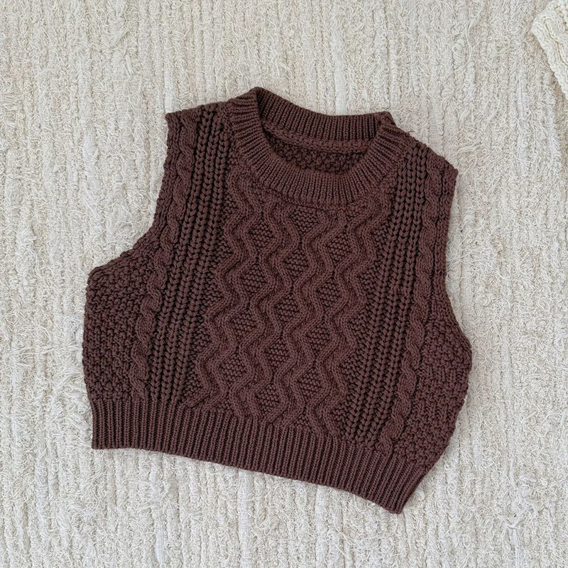ربيع جديد 2026 ملابس أطفال من عمر 0 إلى 3 سنوات سترة حياكة للأطفال الأولاد والبنات سترة لحديثي الولادة بدون أكمام بلون واحد #5