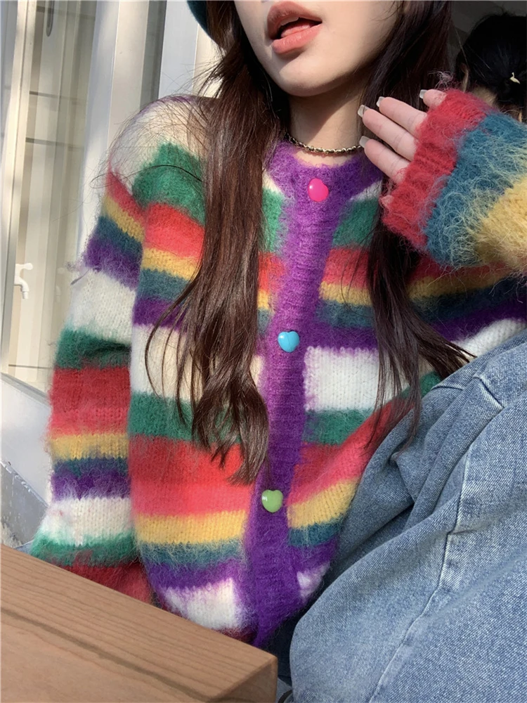 New 2024 Sweet Colorful Knitting Sweater Streetwear Autumn Winter Fashion Casual Cute Korean Sweater Pullover Women Thick Tops