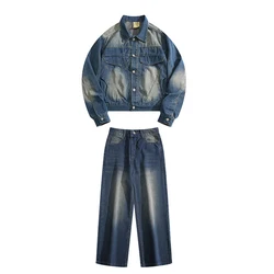 Men's Washed Denim Suit High Street Turndown Collar Single Breasted Jacket Long Straight Jeans Loose Cowboy Two-piece Sets