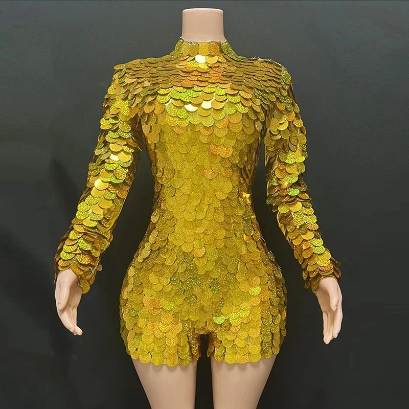 

모던댄스 경기용 드레스 Female Blue Gold Laser Long Sleeve Sequins Bodysuit Stage Performance Wear Costume vestido baile