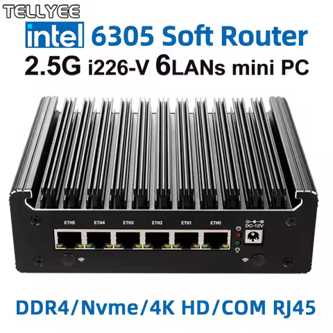 Intel Celeron 6305 Soft Router 6 Lans i226-V 2.5G Fanless Mini PC DDR4 COM DP Firewall Appliance pfSense OPNsense ESXi Computer