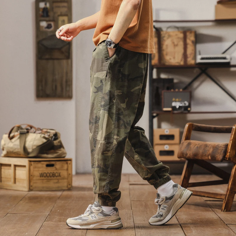 Wholesale durable summer men's pure cotton camouflage cargo pants, outdoor functional washable loose slim-fit jogger pants
