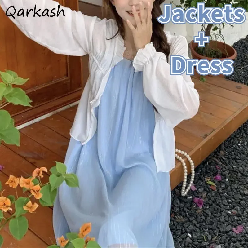 

2 Pcs Sets Women Sun-proof See-through Jackets Loose Gauze Dress Elegant Summer Vacation Midi Beach Style Mujer Vestidos Daily