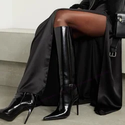 Black Patent Leather Knee High Boots Stilettos High Heels Shoes for Women Pointed Toe Sexy Luxury Shoes 2023 Zapatos Para Mujere