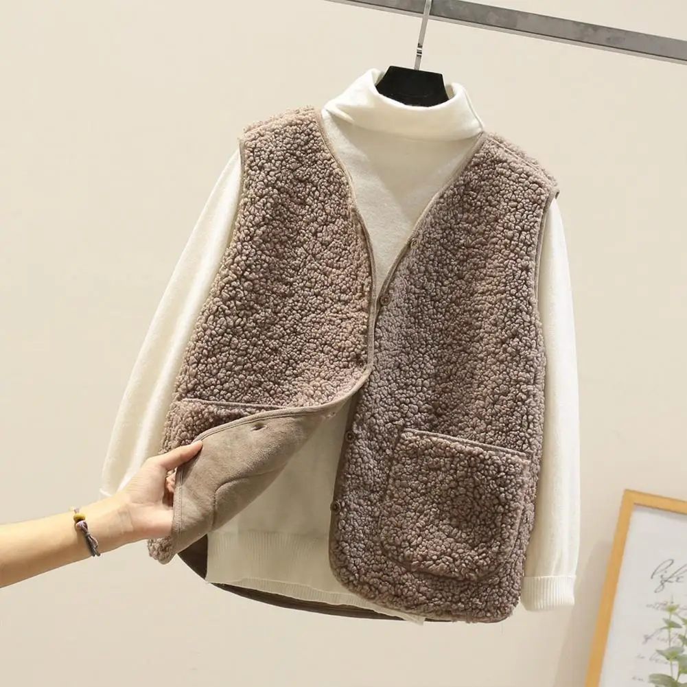 Vests New Spring Autumn Women Button Waistcoat Lamb Hair Winter Thermal Warm Thick Fleece Vests Sleeveless Jacket Ladies Coats