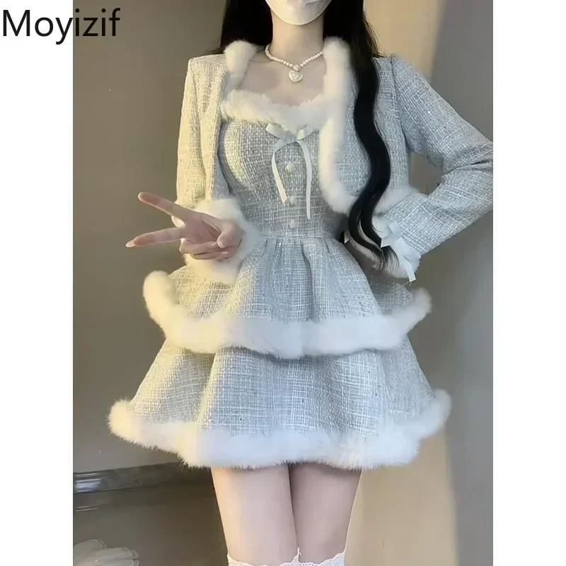 

Осенне-зимняя милая юбка с помпоном, плюшевое короткое пальто, женские комплекты из двух предметов, Vestidos De Dos Piezas Mujer Elegantes