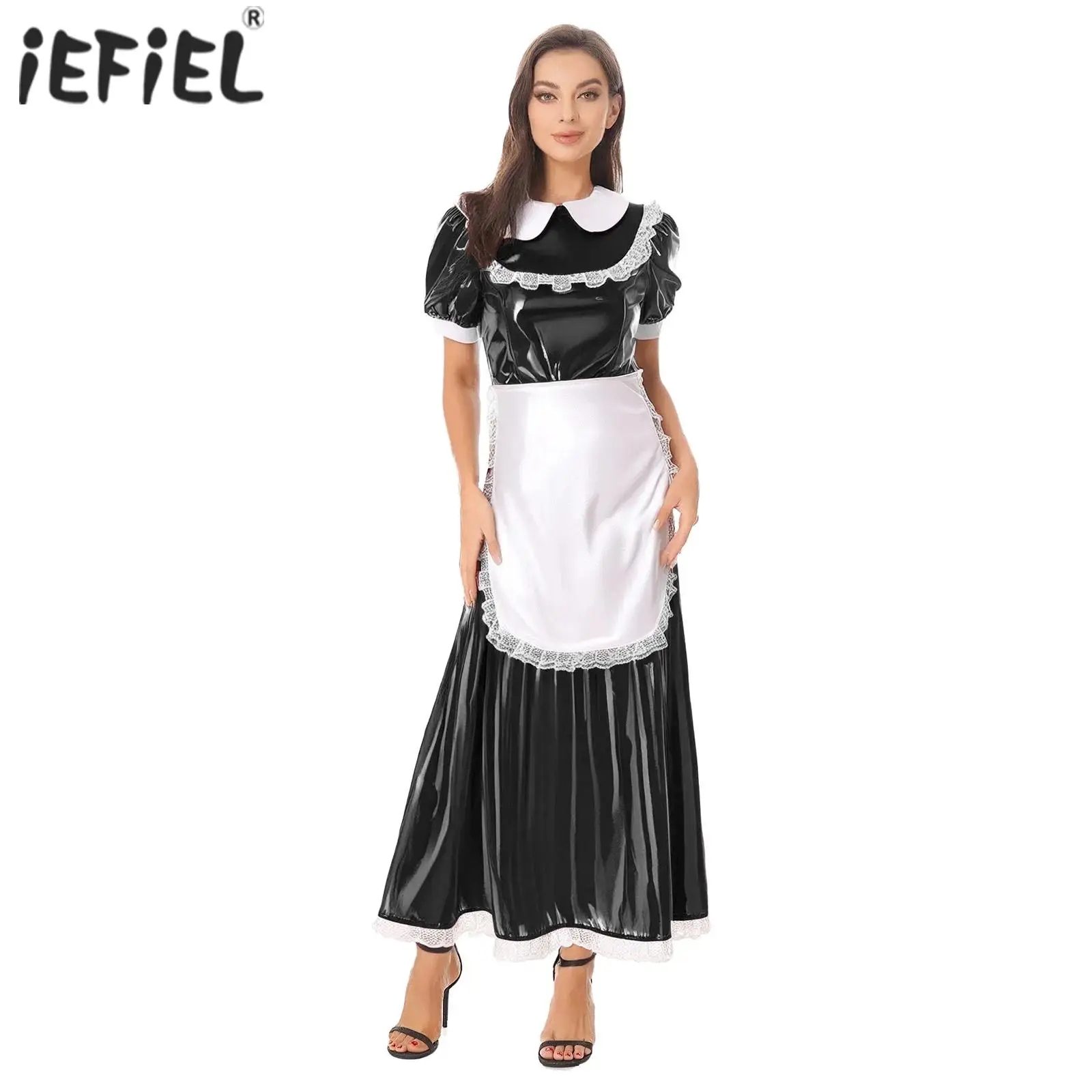 

Womens French Maid PU Leather Latex Dress with Apron Satin Lace Trim Halloween Outfits Carnival Maid Servants Cosplay Costume