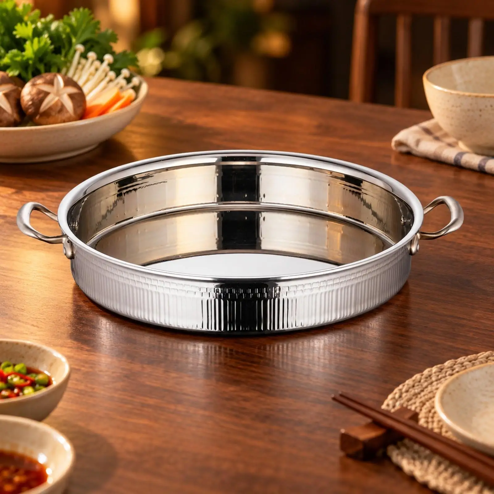 Shallow Dry-Pot Cooking Pan Flat Bottom Stainless Steel Hot Pot Pan Flat-Profile Spacious for Family Home Cooks
