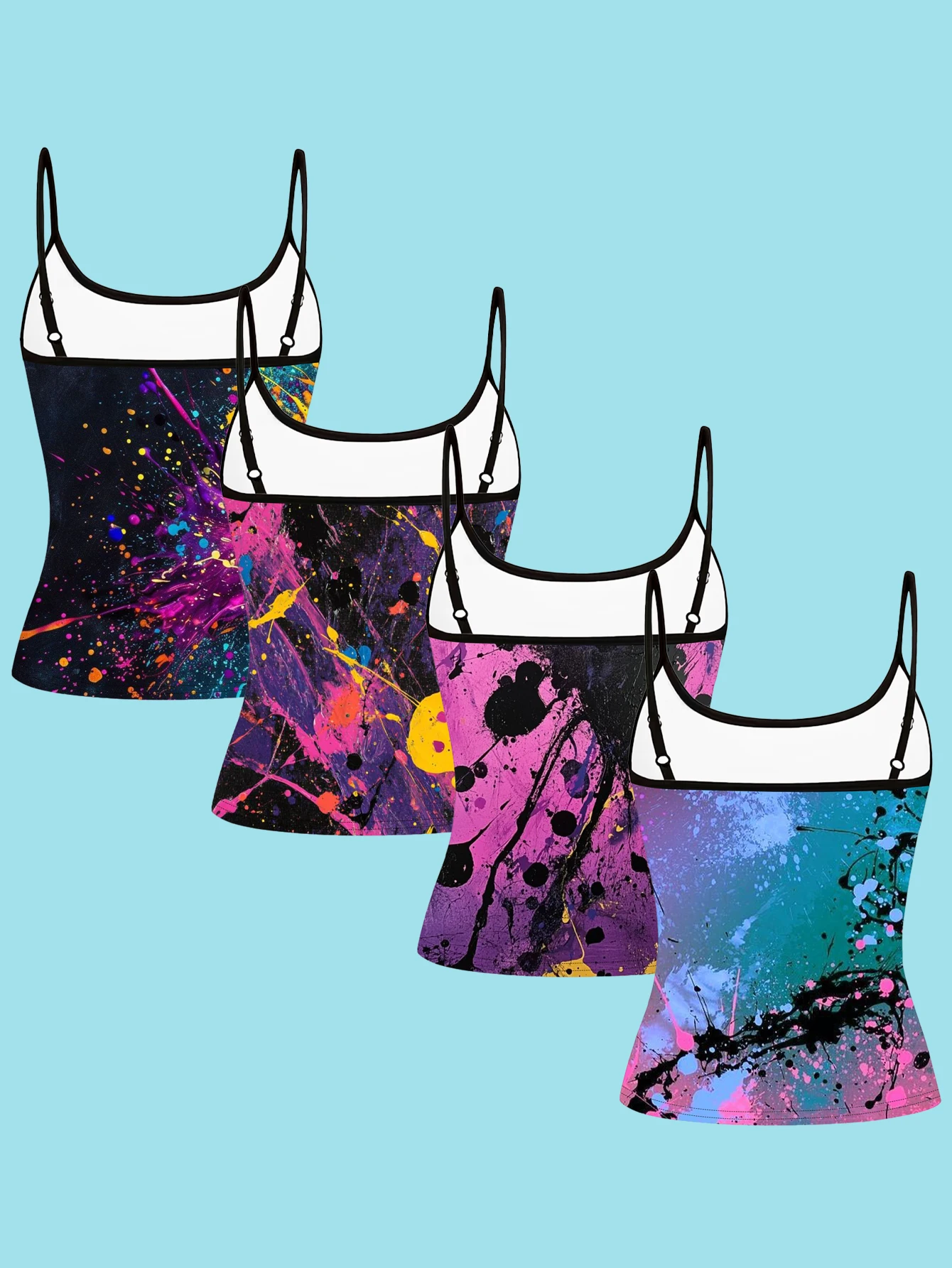 4-Piece Set of Colorful Splash-Ink Graffiti Art Print Camisole Tops for Women, Y2K Trendy Niche Slim-Fit Base Layer Outerwear Women's Tops