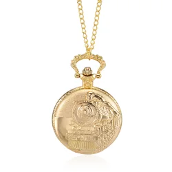 Fashion Gold Train Pocket Watch Delicate Carved Alloy Quartz Pocket Watch For Men Women Pendant Necklace Clock Gifts