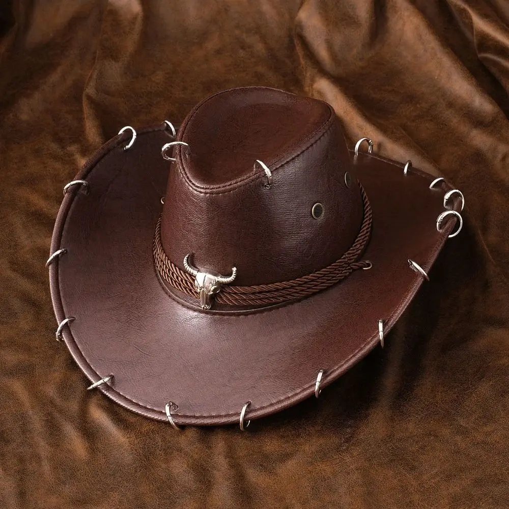 Shadow Hat Wide Brim Western Cowboy Hat Solid Color Pu Leather Panama Cap Punk Ethnic Style Summer Hat Men