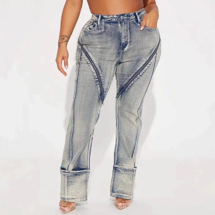Modne, seksowne, elastyczne jeansy damskie z wysokim stanem, cienkie, z szerokimi nogawkami, zapinane na zamek, pikantne, modne, fajne spodnie typu \"bogini\".